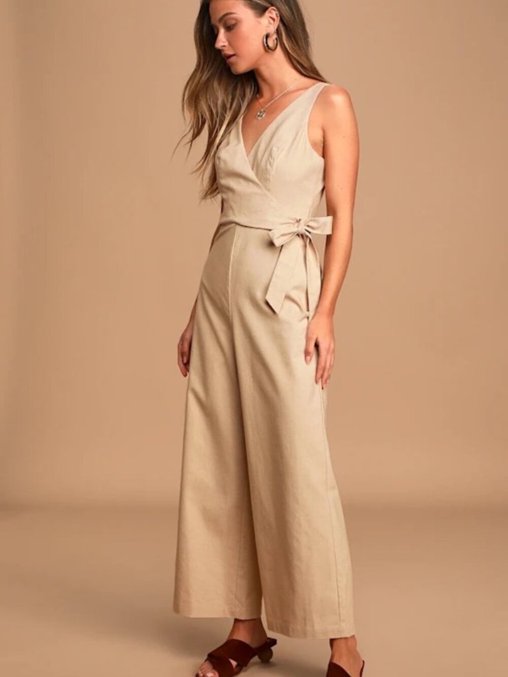 Lulus It's a Wrap beige sleeveless wide-leg jumpsuit Size extra small EUC